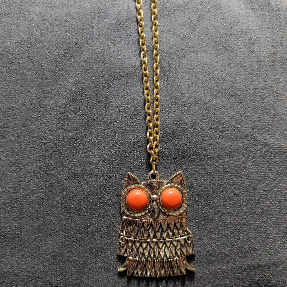 Gold-Tone Owl Pendant Necklace with Coral Eyes